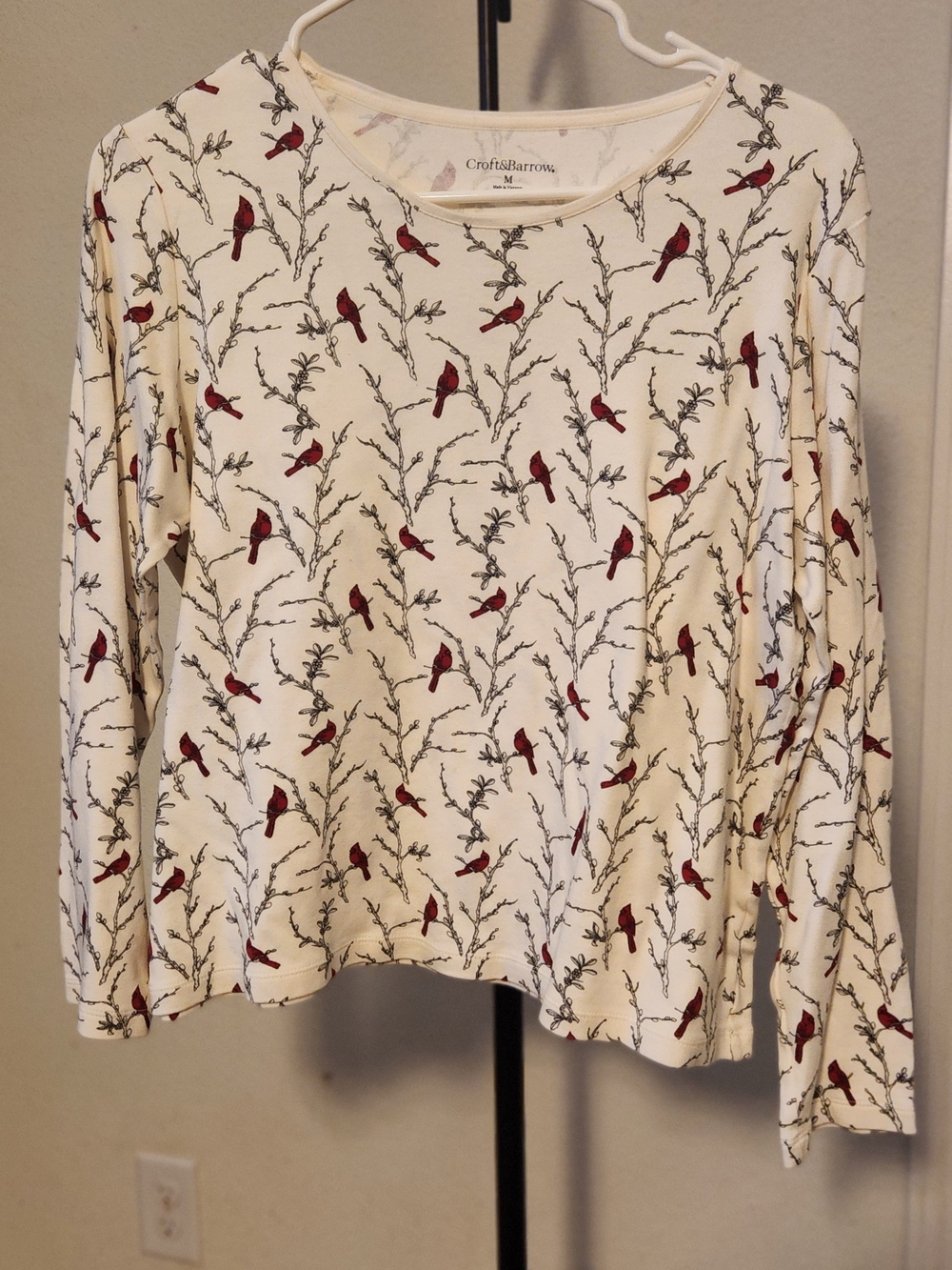 croft & barrow Ivory Long-Sleeve Top with Red Bird Print